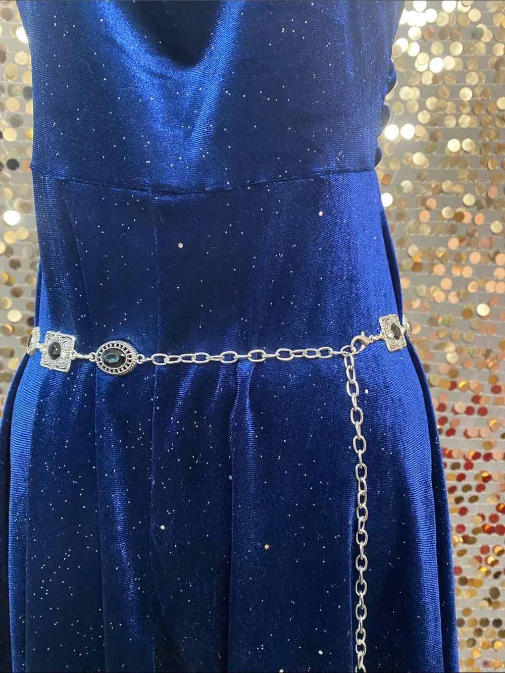 Silver tone and black chain belt #487